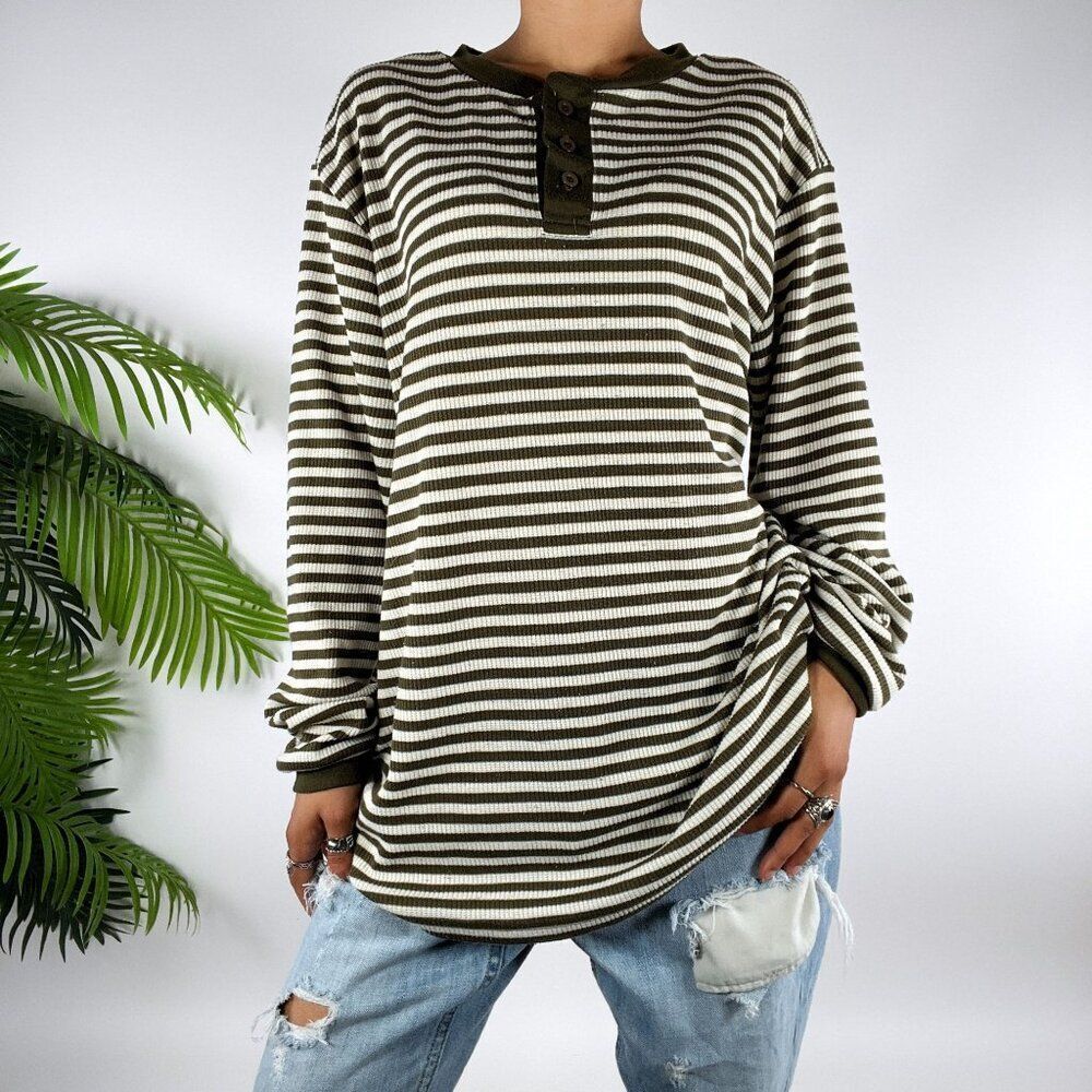 Vintage 90s Grunge Green Striped Granola Girl Long Sleeve Henley Shirt / Large